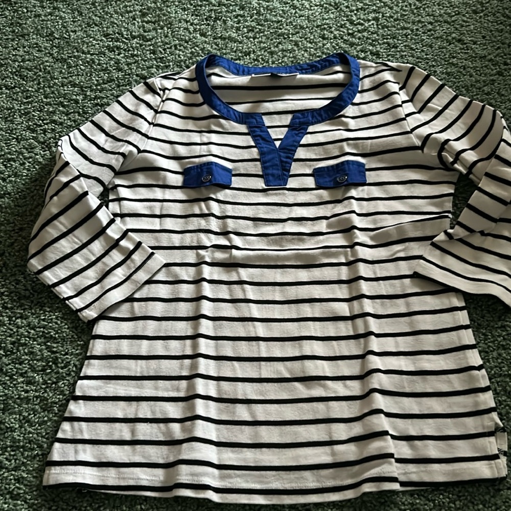 Karen Scott Black and White Stripes Blue Accents 100% Cotton